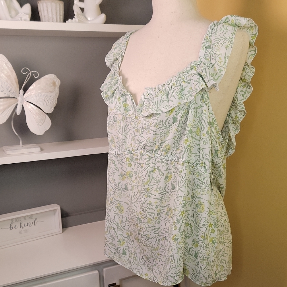 INC Floral Green Ruffle Sleeveless Blouse